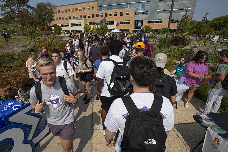 Students walk outside the University Center.
